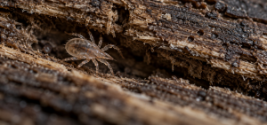 Ilustração macro de Dermanyssus gallinae escondido em uma fissura de poleiro de madeira.