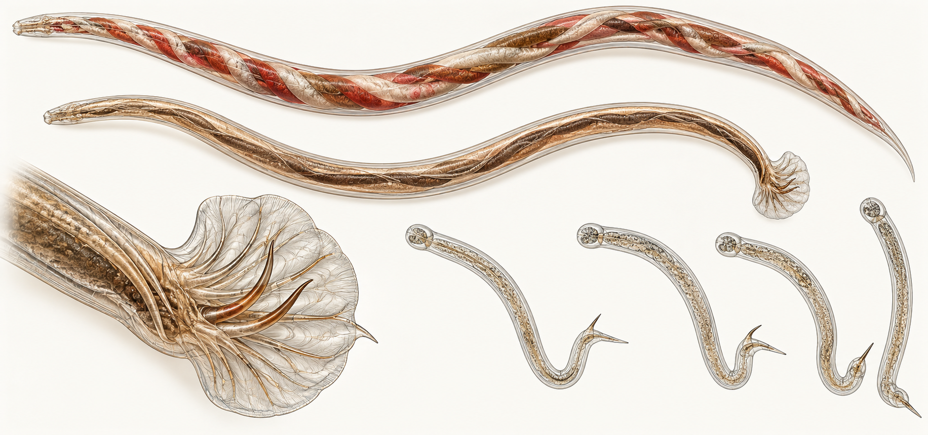 Angiostrongylus vasorum – Dossiê do Parasita 1 Ilustração anatômica de Angiostrongylus vasorum com macho, fêmea, bolsa copulatória e larvas L1
