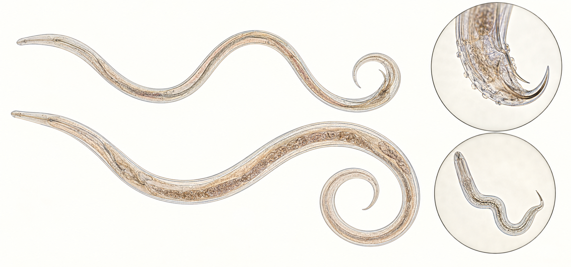 Muellerius capillaris – Dossiê do Parasita 1 Ilustração anatômica de adultos e larva L1 de Muellerius capillaris.