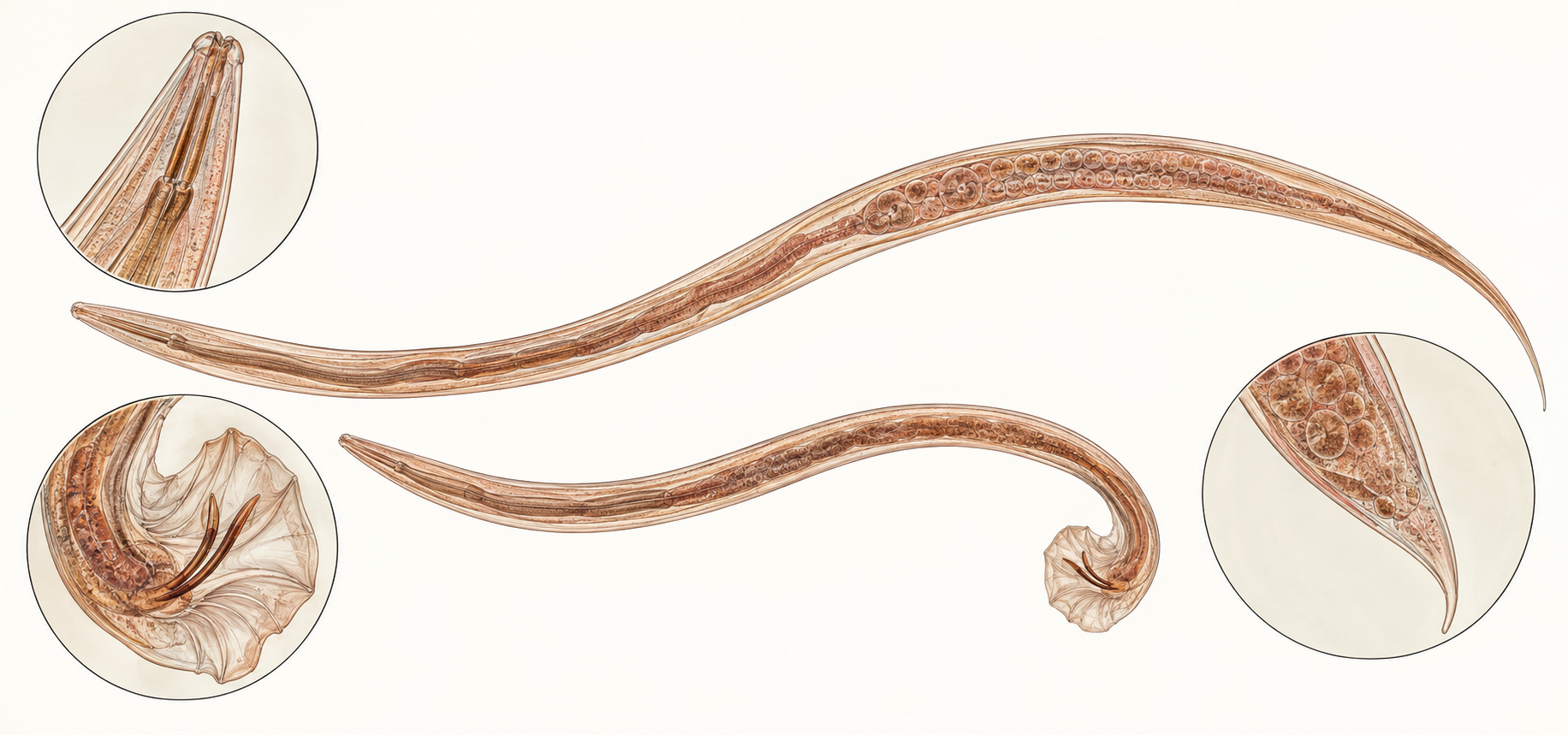 Teladorsagia circumcincta – Dossiê do Parasita 1 Ilustração anatômica de exemplares adulto macho e fêmea de Teladorsagia circumcincta.
