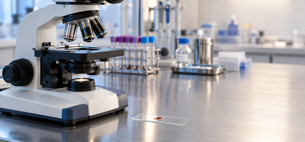 Piroplasmose equina — diagnóstico laboratorial Imagem ilustrativa de microscópio e lâmina de sangue equino em laboratório veterinário.